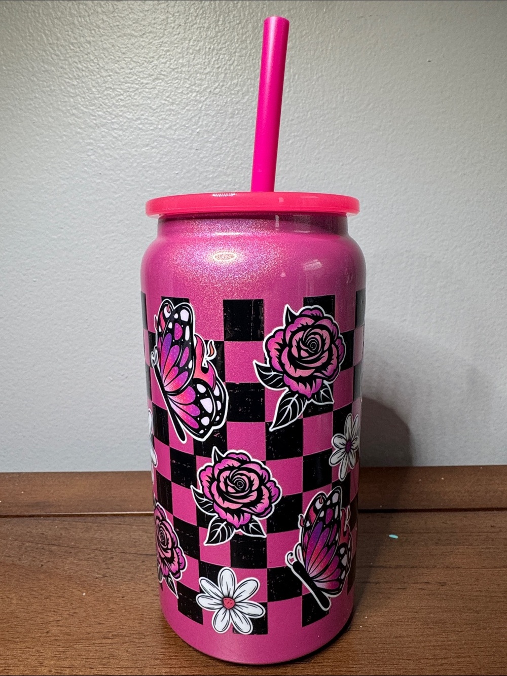 Pink and Black Floral Checkered Cup - Picture 3 of 7